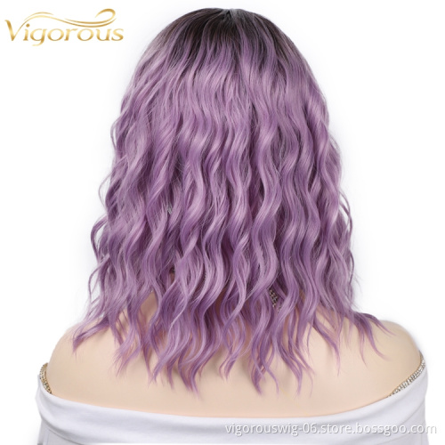 Vigorous Hot Selling High Quality Ombre Black Purple Cheap High Temperature Lace Frontal Short Bob Synthetic Wigs